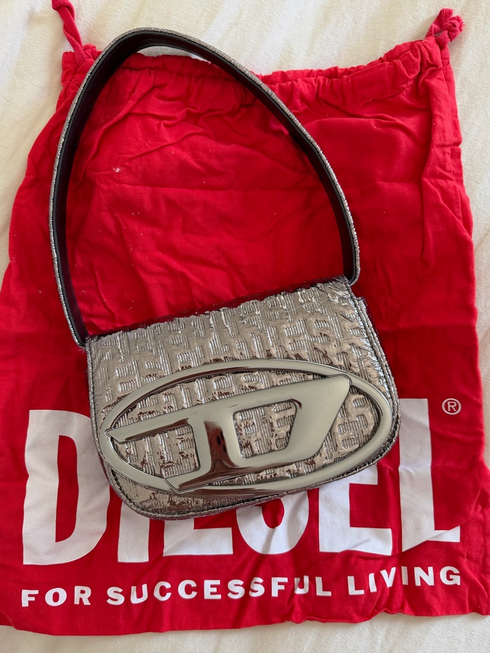 Diesel Silver Metallic Logo Shoulder Bag